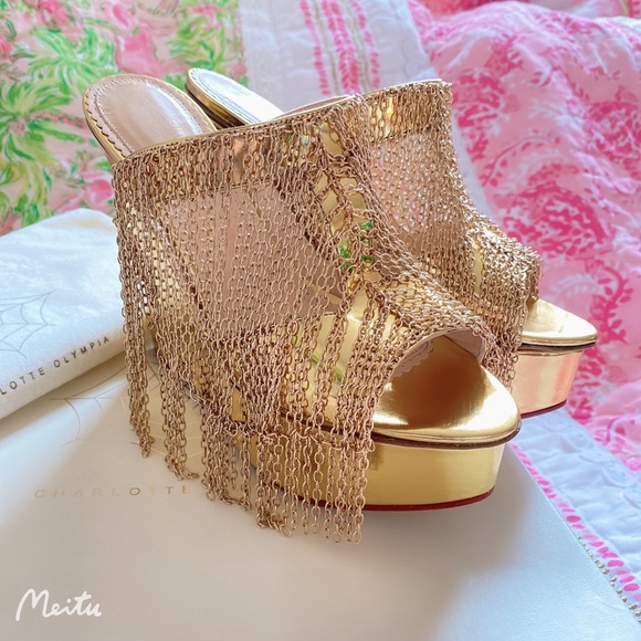 CHARLOTTE OLYMPIA Gold Chain Wedge Sandals 38 NEW